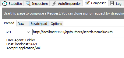 Fiddler console showing a manually-created GET request with an Accept header value of application/xml