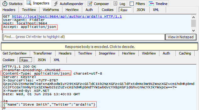 Fiddler console: The Raw tab for the request shows the Accept header value is application/json. The Raw tab for the response shows the Content-Type header value of application/json.