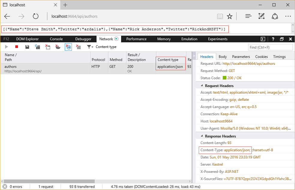Network tab of Developer Tools in Microsoft Edge showing the Content type of the response is application/json