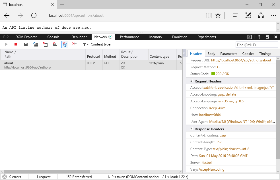 Network tab of Developer Tools in Microsoft Edge showing the Content type of the response is text/plain