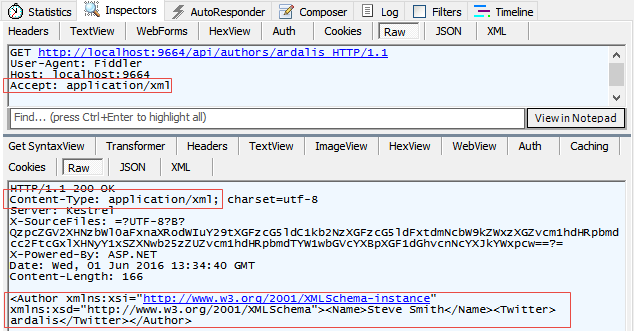 Fiddler console: The Raw tab for the request shows the Accept header value is application/xml. The Raw tab for the response shows the Content-Type header value of application/xml.