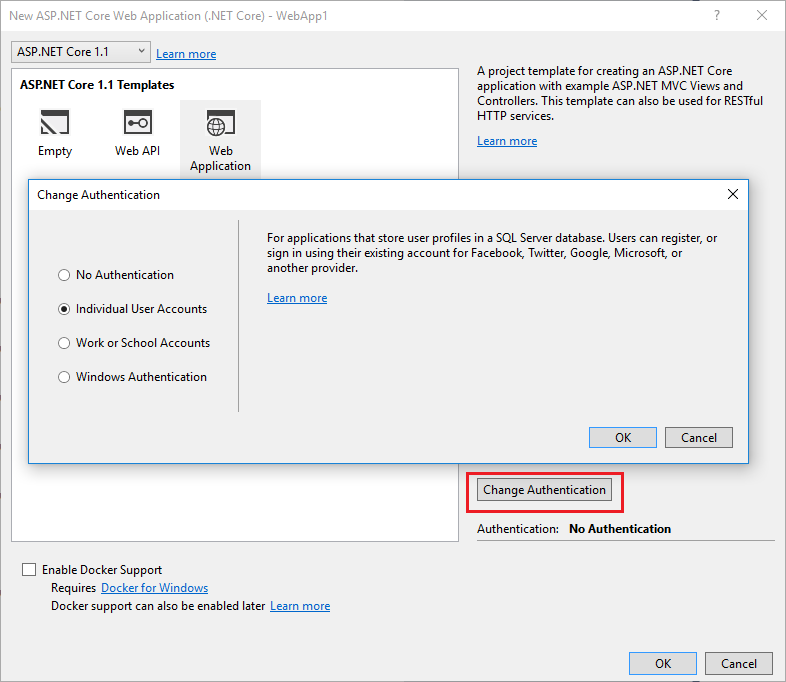 New Project dialog showing “Individual User Accounts radio” selected