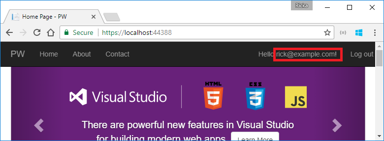 browser window with user name