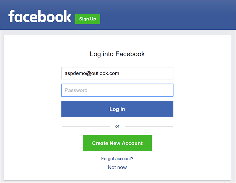 Facebook authentication page