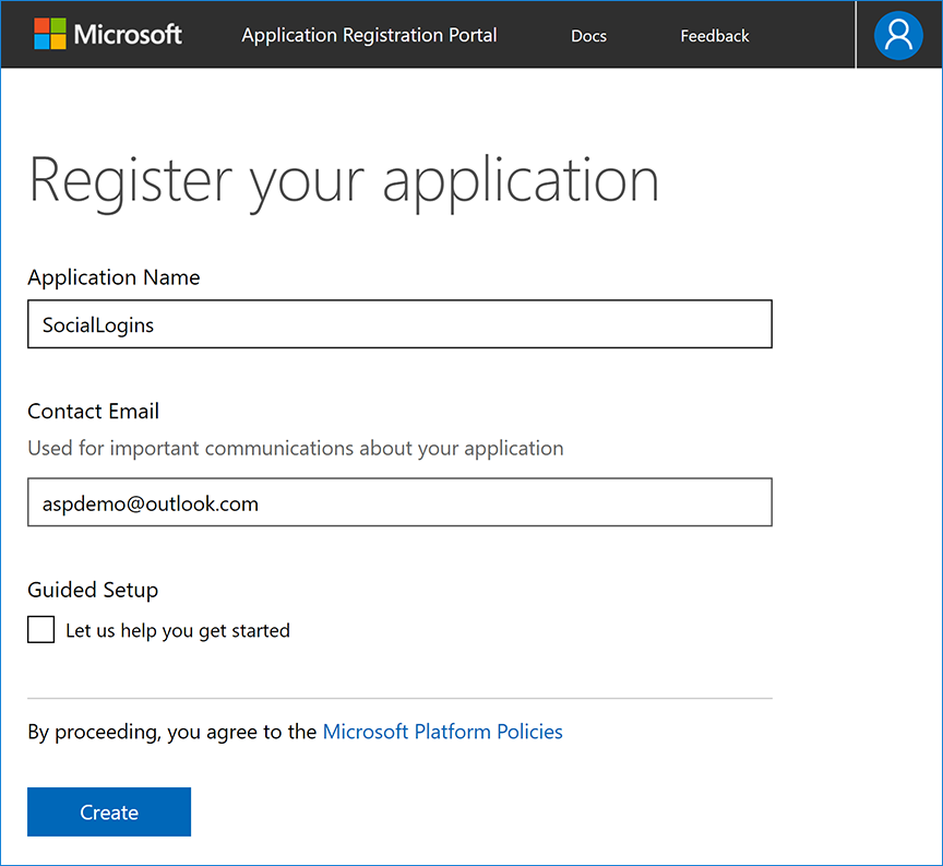 New Application Registration dialog