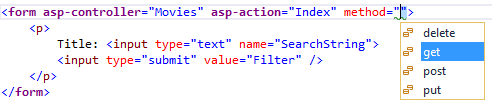 Intellisense contextual menu with get selected in the list of method attribute values