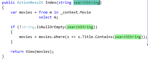 Code editor showing the variable highlighted throughout the Index ActionResult method
