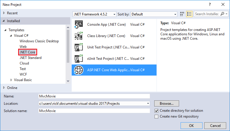 New project dialog, .Net core in left pane, ASP.NET Core web