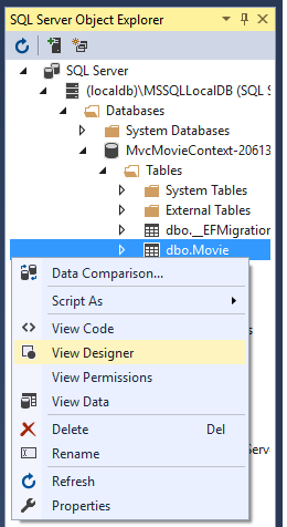 Contextual menu open on Movie table