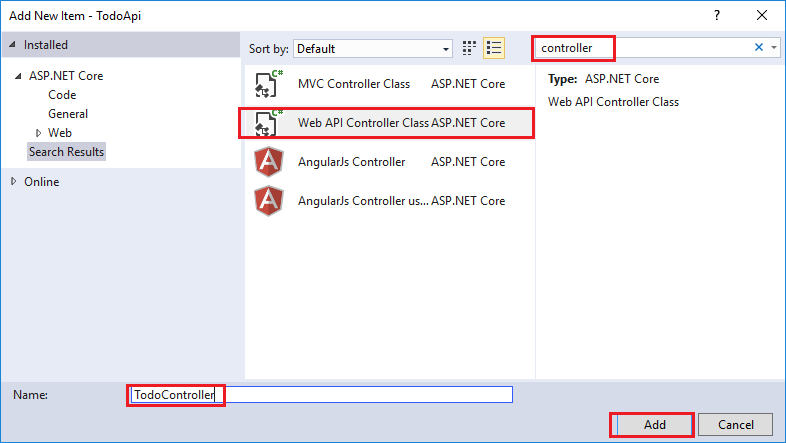 Add new Item dialog with controller in search box and web API controller selected