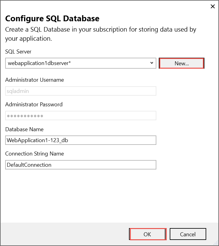 New SQL Database and server