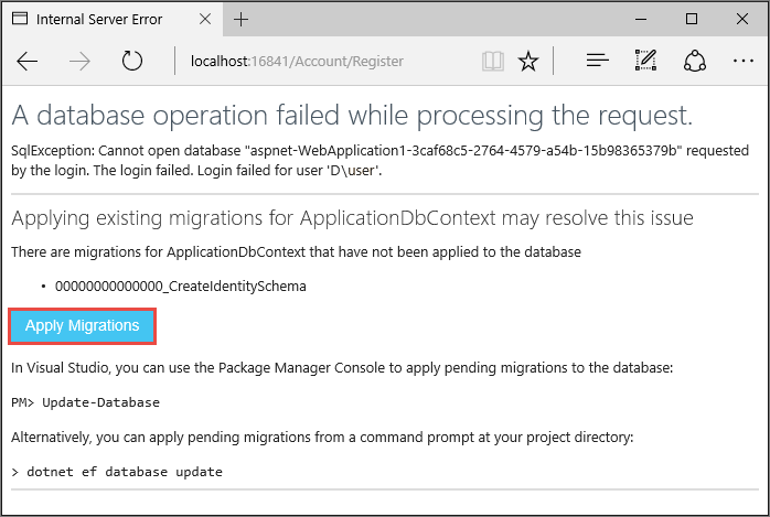 Internal Server Error: A database operation failed while processing the request. SQL exception: Cannot open the database. Applying existing migrations for Application DB context may resolve this issue.