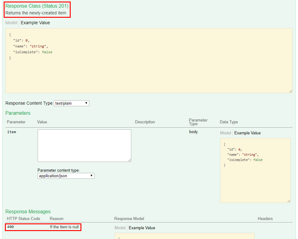 Swagger UI showing POST Response Class description ‘Returns the newly created Todo item’ and ‘400 - If the item is null’ for status code and reason under Response Messages